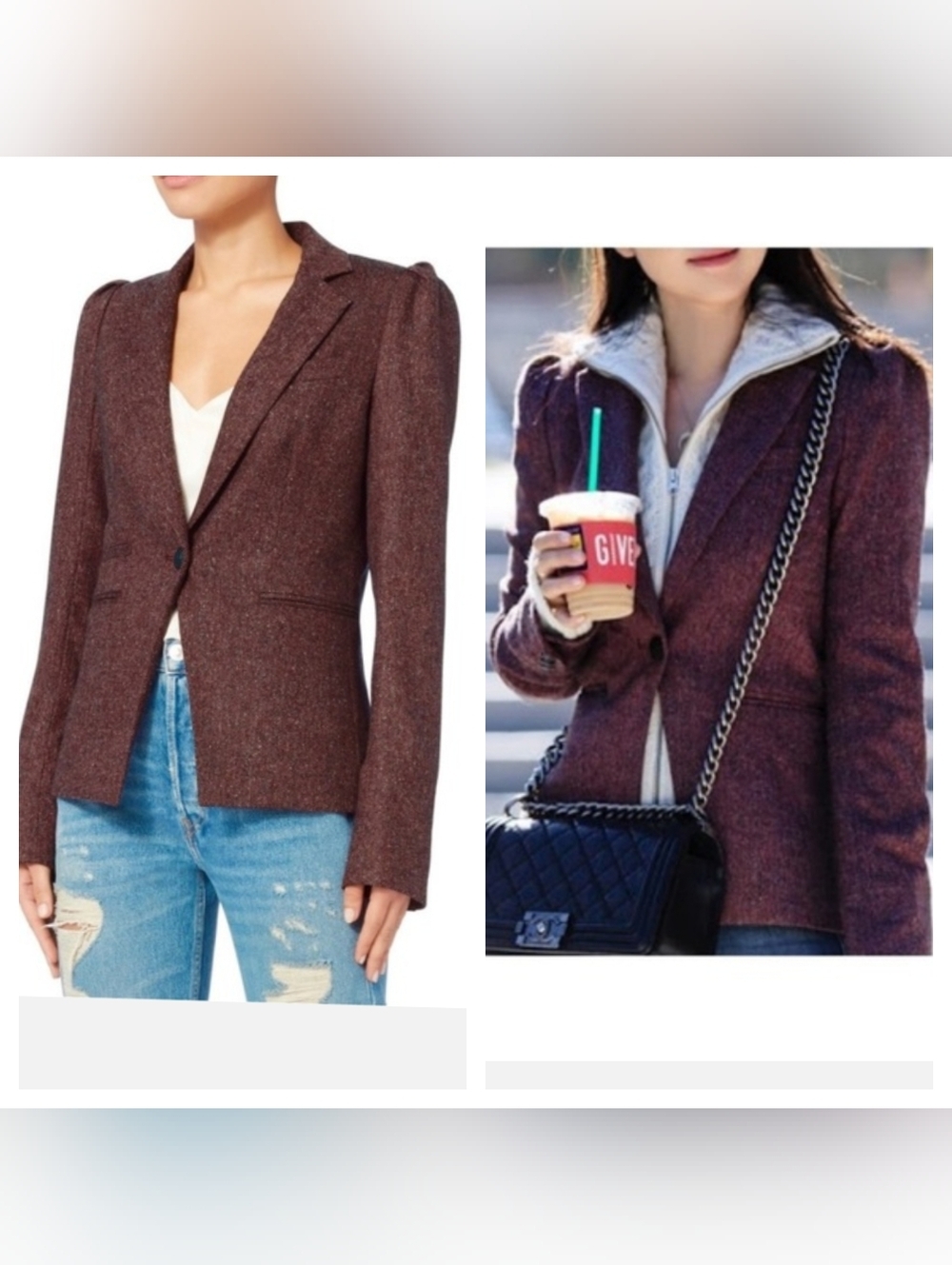 Veronica Beard Puff Sleeve Wool Tweed Burgundy Dickey Jacket Blazer Size 2